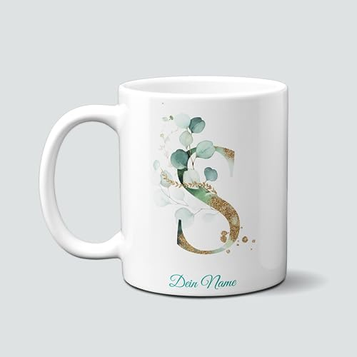 online-hut - Tasse - Kaffeetasse - Kaffeebecher - Monogrammtasse A-Z - Lieblingstasse - personalisierbar - Dein Name - Eucalyptus/Gold - NT-118-2 (S)