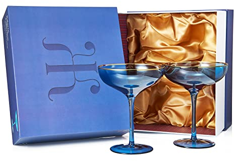 Colored Royal Blue & Gilded Rim Coupe Glass, 9oz Cocktail & Champagne Glasses 2-Set Vibrant Color Gold Vintage Tumblers, Margarita, Glassware Gift Idea Gifts for Mom, Him, Wife, Housewarming Coupes