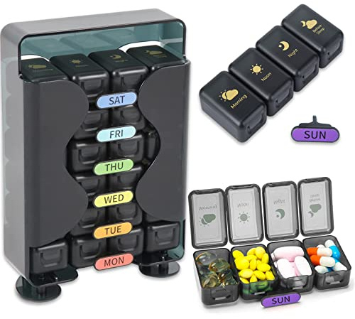 Weekly Pill Organizer 7 Day 4 Times a Day， Large Pill Box Organizer with Drawer Designed， Daily Pill Organizer to Hold Medicine, Medication, Vitamins and Fish Oils (Black)