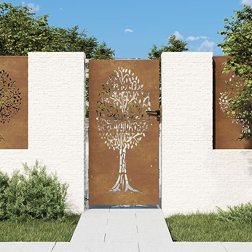 Homgoday Portal de Jardín de Acero Corten con Diseño Laser y Sistema de Cerradura - 85x3x200 cm