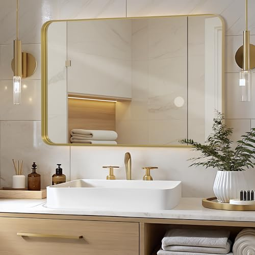 LunaMirror väggspegel 75 x 100 cm väggmonterad badrum sminkspegel skugglåda guldram väggdekor rektangel vägghängande med böjda hörn för hall entré vardagsrum sovrum
