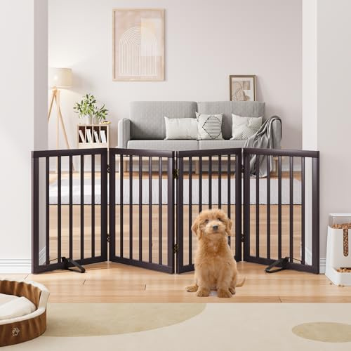 Semiocthome Hundegitter aus massivem Bambus mit 2 Ständern, freistehendes Haustiergitter für Türen und Treppen, 61 cm Höhe, 4 Paneele, Welpengitter für das Haus, komplett montiertes Indoor-Tor