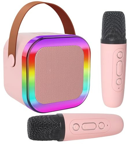 Jsdoin Karaoke Machine 2 Microphones, Portable Karaoke Machine with LED Light, Birthday Presents Microphone for Kids Families Birthday Party Gifts (Pink)