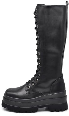 IF Fashion Scarpe Combat Anfibi Militari Stivali Stringati Alti da Donna Platform Plateau Zeppa HJ811 Nero N.39
