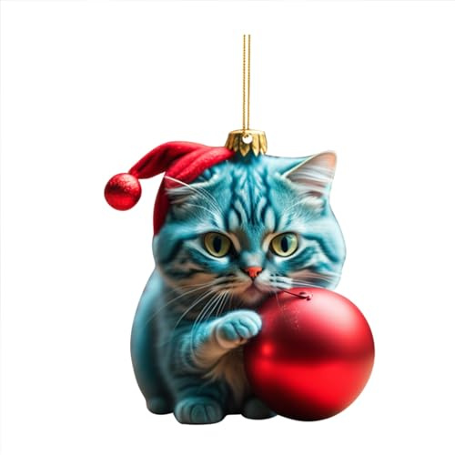 Weihnachtsbaum Katzen Anhänger, Niedlicher Acryl Katze Anhänger Weihnachts Deko, Lustig Katze mit Weihnachtskugeln Ornament, 2D Spaß Weihnachtsanhänger Deko Christbaumschmuck