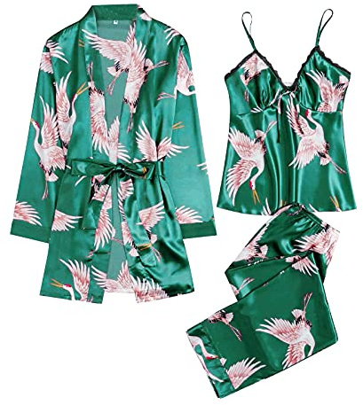 Set di 3 pigiama da donna in raso, da donna, in seta, con motivo floreale, vestaglia + abito con spalline + pantaloni lunghi, accappatoio sexy da notte, pigiama, set di biancheria da notte, verde, m