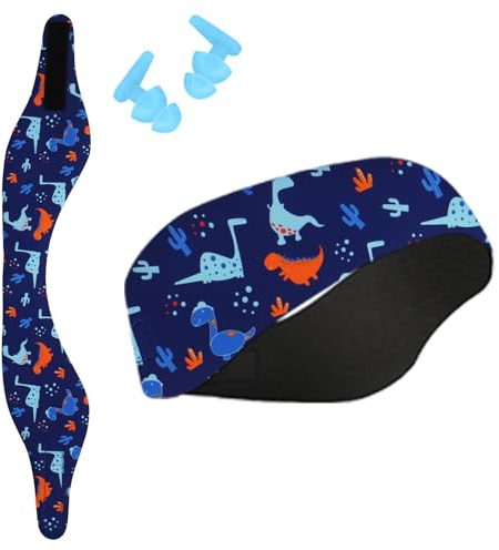 Children's Swimming Headband, Elastic Headband with Ear Plugs for Swimming and Other Water Sports (Dinosaurus, S)