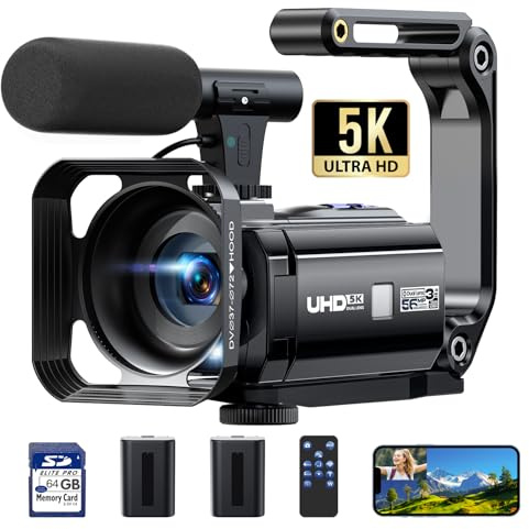FIREFOTO Caméra vidéo 5K 56MP Caméscope Double Objectif, WiFi 16X Youtube Vlog Caméra, 3 Rotatif à 270° Vision Nocturne Video Camera avec 2 Piles,Carte 64 Go,Microphone,trépied