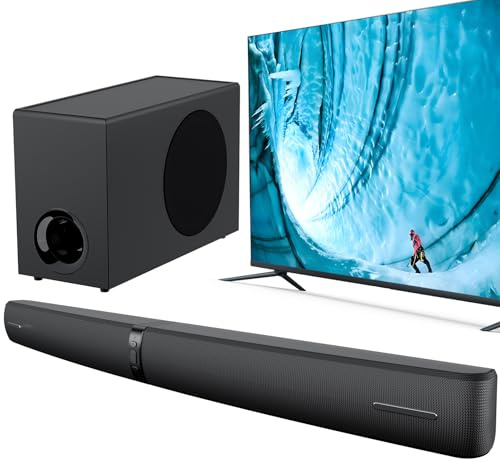 Assistrust 2.1 Sound Bar with Subwoofer, 110W Sound Bar for Smart TV with Adjustable Deep Bass & Volume Boost & 3 EQ Modes, Bluetooth/ARC/Opt/AUX, Soundbar for TV/PC/Gaming/Projector (Black)