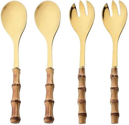 Cutlery Set 4pcs Long Handle Salad Spoon Fork Serving Spork Bamboo Wooden Handle Stainless Steel Tableware