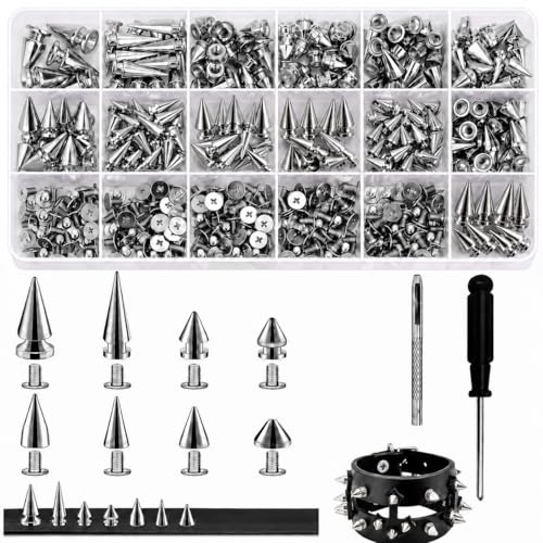 Cosblisvia Nieten Studs Punk 355-Teiliges Silber Kegel Set für Bastler, Designer, Anfänger zum Dekorieren von Jacken, Reparieren von Taschen, Anpassen von Schuhen