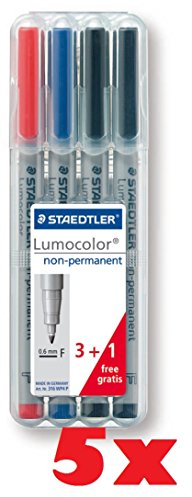 Staedtler Lumocolor 316 WP4 P Universalstift, non-permanent 3 und 1 Gratis F-Spitze, 0.6 mm, 4 Stück in aufstellbarer Box 5er Pack