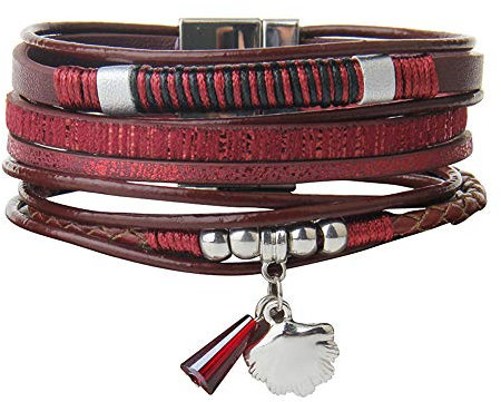Cheerlife Leder Wickelarmband mit Schale Form Anhänger, Flechtelement Magnetverschluss Armband Geschenk Armschmuck für Mädchen Damen (Rot)