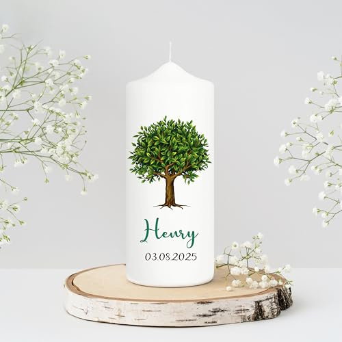 Wandtattoo Loft Patenkerze Lebensbaum Kerze Baum - Taufkerze Mädchen Junge Kerze weiß 18 x 7 cm mit Name und Datum