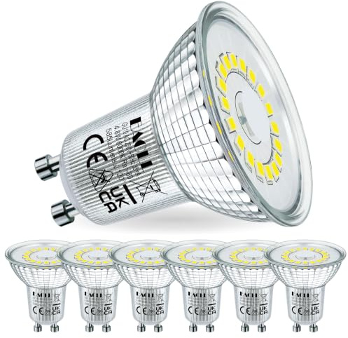 EACLL Bombillas LED GU10 Blanco Frio 4.8W Equivalente 75W Halógena, Pack de 6, Focos Sin Parpadeo AC 230V, 6000K 585 Lúmenes 120 ° Spotlight, Lámpara Reflectora no Regulable