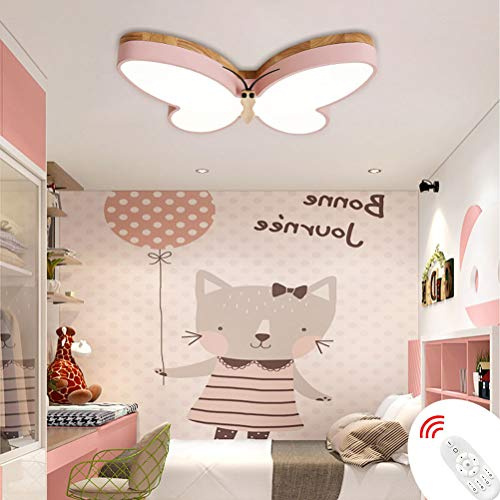 LED Kinder Deckenleuchte Holz Stufenloses Dimmbar Kinderzimmerlampe 32W im Modern Wohnzimmer Deckenlampe Schmetterling Leuchte Schlafzimmerlampe mit Fernbedienung Decken Licht Flur Lampen,Rosa,65cm