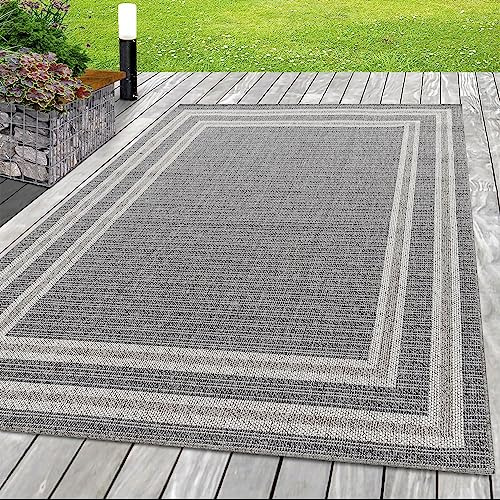 SIMPEX In- & Outdoor Teppich Läufer 80x150 cm, Wetterfest & Robust, Modernes Bordüren-Design in Grau & Creme, Rechteckig für Terrasse, Balkon, Küche, Bad & Wohnzimmer