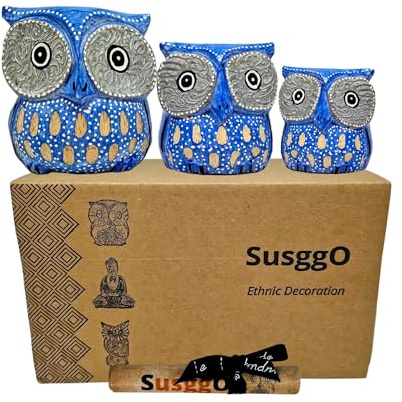SusggO Set mit 3 dekorativen Eulen aus Holz, Dekoration, handgeschnitzt, Eule des Glücks, Idee, Möbeldekoration (Blau)