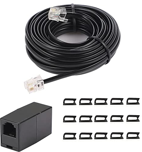 20Feet Long Telephone Extension Cord Phone Cable Line Wire, with Standard RJ11 Plug and 1 in-Line Couplers and 10 Cable Clip Holders-Black (20 Feet)