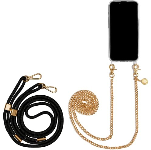 Jalouza Handykette, Kordel & Hülle Bundle kompatibel mit iPhone 13 - Gliederkette in Gold und Kordel in Farbe Schwarz-Gold Plus Handyhülle zum umhängen
