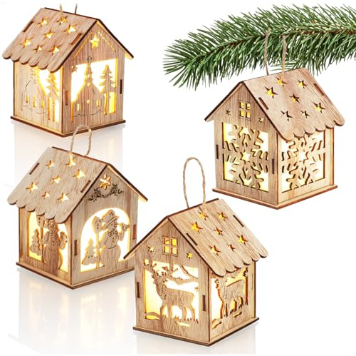 com-four® 4-teiliges LED Hängedeko-Set aus Holz, Hängefigur Haus | weihnachtliche Dekoration zum Aufhängen - Weihnachtsdeko [Auswahl variiert]