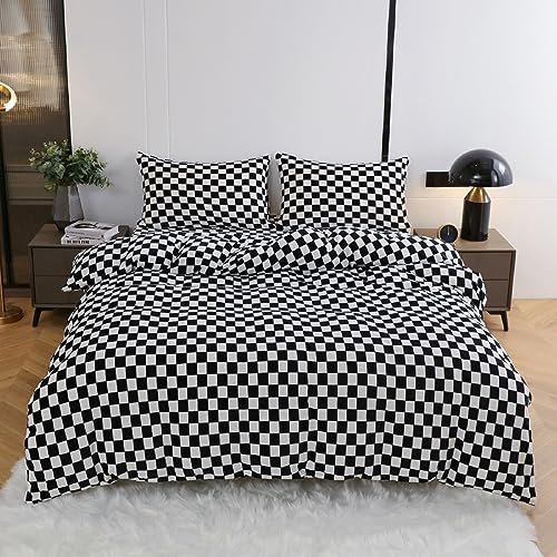 YASMENG Winter Plüsch Bettwäsche 135x200cm Schwarz Weiß Kariert Muster Bettbezug Set Flauschig Warme Cashmere Touch Bettwäsche mit Reißverschluss und 1 Kopfkissenbezug 80 x 80 cm