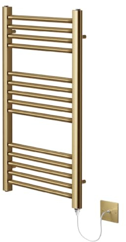 Greened House Brushed Brass Electric Heated Towel Rail 400mm W x 800mm H | Flat, Bathroom Radiator, Towel Warmer, Straight