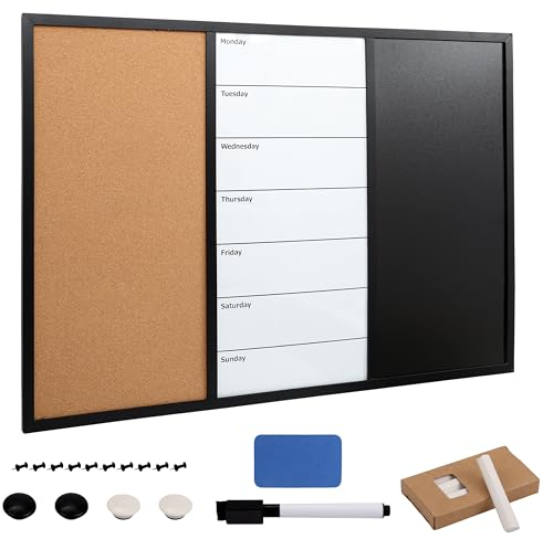 Kurtzy 3-In-1 Pinnwand Kombi-Tafel magnetisch - Tafel aus Kork Whiteboard und Kreidetafel - 90 x 60cm - Magnetisches Memoboard - trocken abwischbare Magnettafel mit Stiften