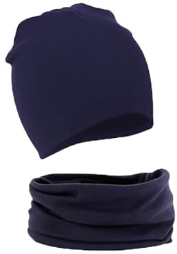 MAKFORT Bonnet pour enfants, avec écharpe cache-cou, en coton, adapté pour bébé, hiver, garçon et fille, bleu foncé, Large