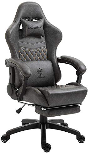 Dowinx Gaming Chair Retro, Ergonomic Computer Office Chair with Footrest, PU Leather Game Chairs with Massage Lumbar Support for Adults, Grey