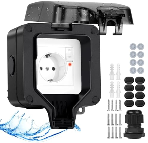 Upgrade Aussensteckdose Wasserdichte Steckdose IP66 mit Schalter Kontrollleuchte,Außensteckdose Aufputz Wetterfest Outdoor Steckdose Gartensteckdose aussen Abschliessbar Klappdeckel-Einzelsteckdose