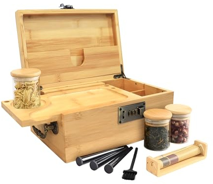 JIABOLANG Caja de bambú con cerradura de combinación, caja decorativa con asa, juego de cajas de almacenamiento grandes para almacenamiento de té, granos de café, etc., juego organizador con cerradura