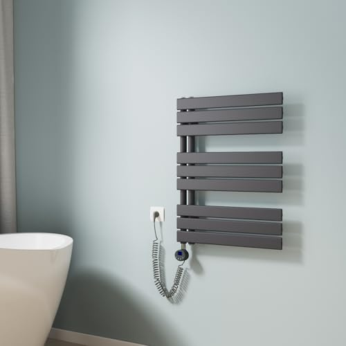 EMKE Handtuchheizkörper Elektrisch 762x600 mm, Flach Badheizkörper Handtuchhalter Elektrisch, Elektrischer Handtuchwärmer Handtuchtrockner Handtuchheizung mit Thermostat und Heizstab, 400W Anthrazit