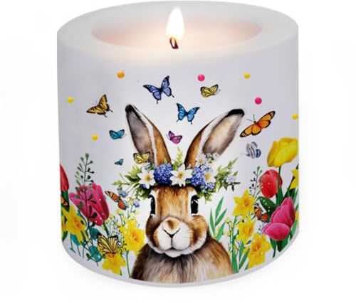 Candela Pasqua come decorazione da tavolo Decorazione da tavolo Pasqua come regalo Amorevole candela coniglietto animali fiori durata 30 ore Ø 8 x altezza 7,5 cm
