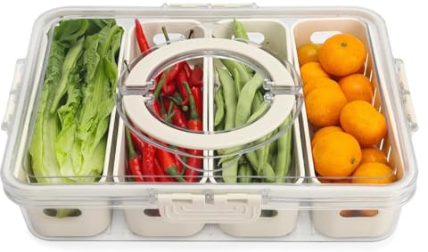 Les-Theresa Fridge Food Storage Containers Boxes With Handles Fruit Containers For Fridge, Divided Serving Tray With Lid Salad Fresh Container Fridge For Fruit, Vegetable (4)