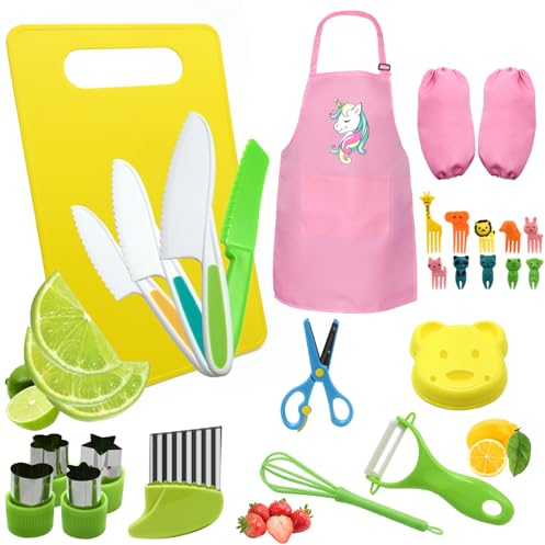 YTACREA Kindermesser, 27 Teiliges Kinder-Küchenmesser-Set Kindersichere Messer zum Schneiden und Kochen von Obst oder Gemüse für kinder ab 3 Jahre, Messer Kinder, Schneidebrett, Schäler.