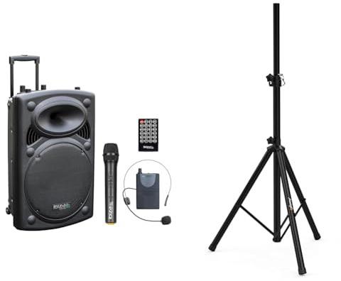 Ibiza - PORT15UHF-BT - Altavoz portátil 15/800W MAX con 2 micrófonos (UHF), Mando a Distancia & Audibax Neo 131 - Soporte Profesional para Altavoces - Trípode para Altavoces - Trípode Extensible