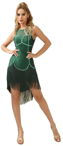 ROYAL SMEELA Vestido Latino con Flecos y Diamantes para Baile de Salsa, Rumba, Samba y Tango - Traje para Danza Adulto Verde