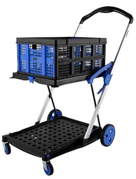 The Workplace Depot Folding Trolley & Crate – Two-Tier Collapsible Utility Cart with 46L Foldable Storage Crate, Removable Wheels & Foot Brake-For Office, Warehouse & More