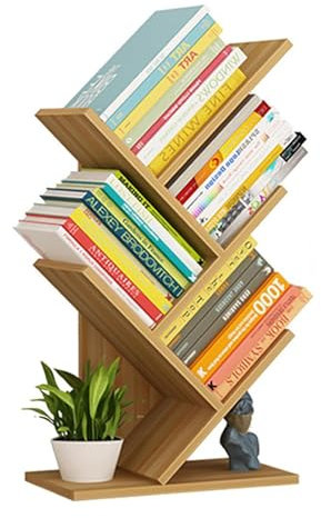 JOUFNING Baum-Bücherregal - Bodenstehendes Bücherregal Mit 4 Etagen, Boden-freies Stehendes Tischplatten-Bücherregal, Ausstellungsständer Für Bücher, Zeitschriften Und CDs, Lager 8Kg(Light Walnut)