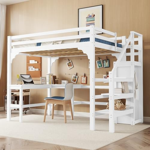 Zravenna Hochbett Kinder mit Schreibtisch 140x200, Schrankbett 140x200 mit Treppe,L-förmiger Schreibtisch, Offener Kleiderschrank, Kiefernholz, Weiß