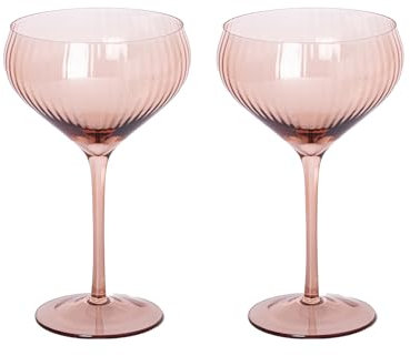 Mary Square Clear Rim 5 Ounce Durable Ribbed Glass Stemmed Coupe Champagne Wine Cocktail Drink Beverage Cup, Bar Cart Accessory, Everyday & Party Drinkware, Kitchen Home Décor, Rose Pink, Pack of 2