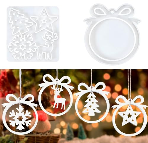 2 Stück Silikonformen Gießformen Weihnachten, Silikonformen Gießformen, Silikon Gießform Anhänger, Giessformen für Weihnachtsbaum, Schneeflocken, Stern und Elch Muster, Weihnachtsdekorationen