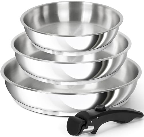 MICHELANGELO Set di padelle in acciaio inox con manico rimovibile, base tripla, compatibile con induzione, 20,3 cm, 24,1 cm e 28 cm