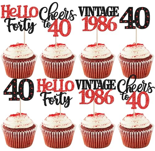 Xsstarmi 24 Pack 40th Birthday Cupcake Toppers Red Glitter 40 Hello Forty Vintage 1986 Cupcake Picks Cheers to 40 Birthday Cake Decorations for 40 Fabulous Happy 40th Birrthday Party Supplies