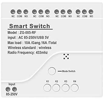 Okeeyseda MóDulo de Interruptor de Luz Inteligente Zigbee de 4 Canales AC 85-250V RF433 Recibe ReléS 10A Que Funcionan con el Asistente de, Tuya Life
