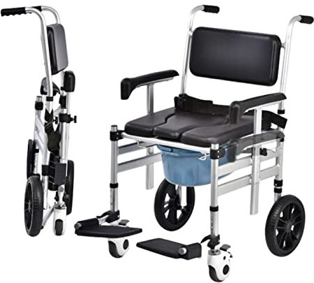 Fauteuil Roulant de Chevet rembourré Pliable pour Personnes âgées, handicapées, Chaise percée réglable avec roulettes, accoudoirs relevables, Repose-Pieds Rabattable