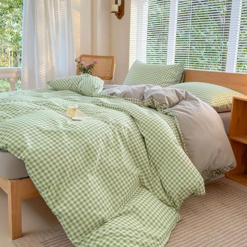NSNLGSGC Ensemble de literie pour lit simple avec housse de couette et 1 taie d'oreiller, ensemble de literie pour lit simple à carreaux et 1 taie d'oreiller entretien facile 135 x 200 cm Vert à