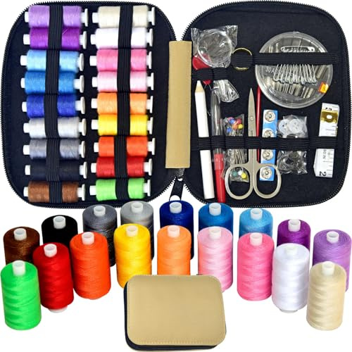 Sewing Kit with Case Portable Sewing Supplies for Home Traveler, Adults, Beginner, Emergency, Contains 18 Sewing Thread, Scissors, Needles, Measure etc,Very Light Tan