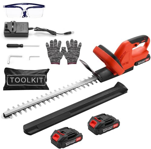 Sararoom Cordless Hedge Trimmer, 21V Lightweight Electric Hedge Trimmer with 2 x 3000mAh Battery and Charge, 1500 r/min Hedge Cutter with 51cm Cutting Blade for Lawn and Garden (Red)